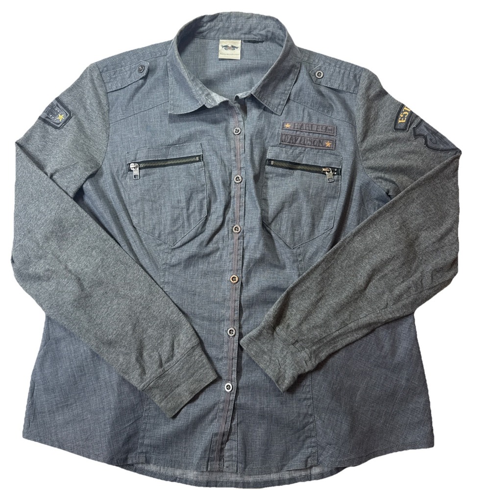 Harley Davidson Women Large‎ Long Sleeve Military Style Button Down Shirt